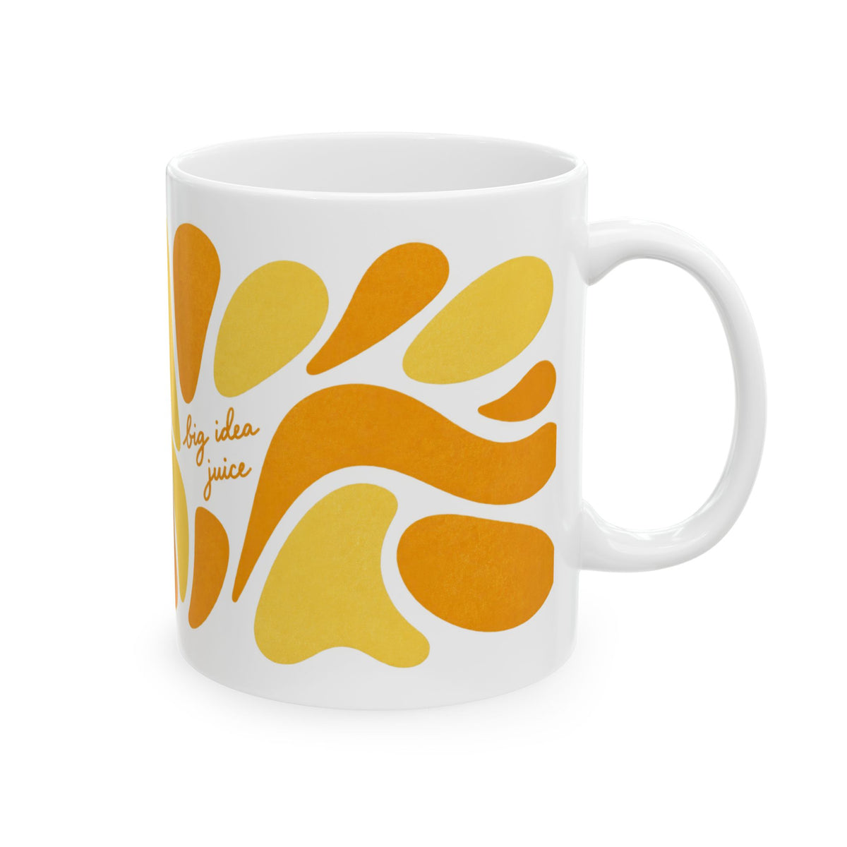 Big Idea Juice mug β side view with handle on the right showing the lettering