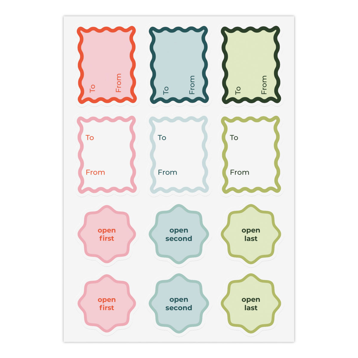 Wavy Christmas Gift Tag Sticker Sheet – 12 Kiss-Cut To/From & Open First, Second, Last Stickers