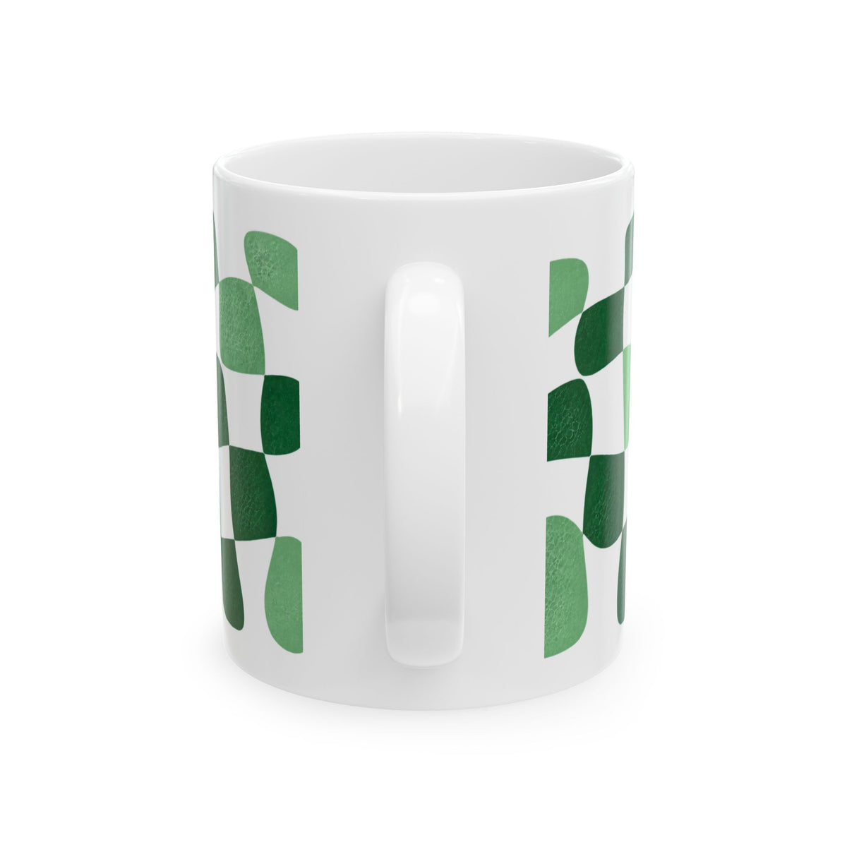Smart Brain Activator mug – handle view with green checkered pattern