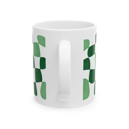 Smart Brain Activator mug – handle view with green checkered pattern