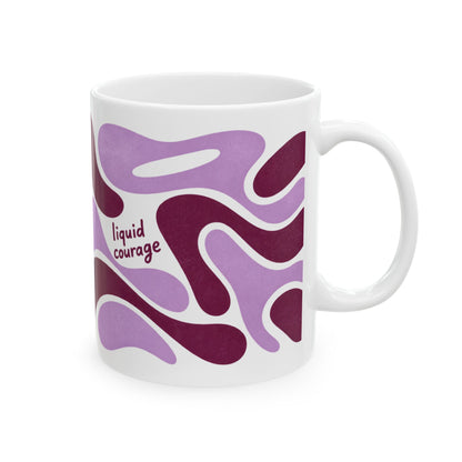 Liquid Courage mug – side view with handle on the right showing the lettering