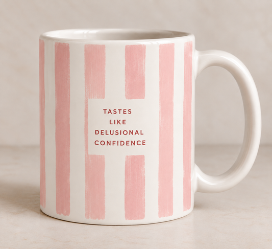 Tastes Like Delusional Confidence Mug | Striped Pink Ceramic Coffee Cup
