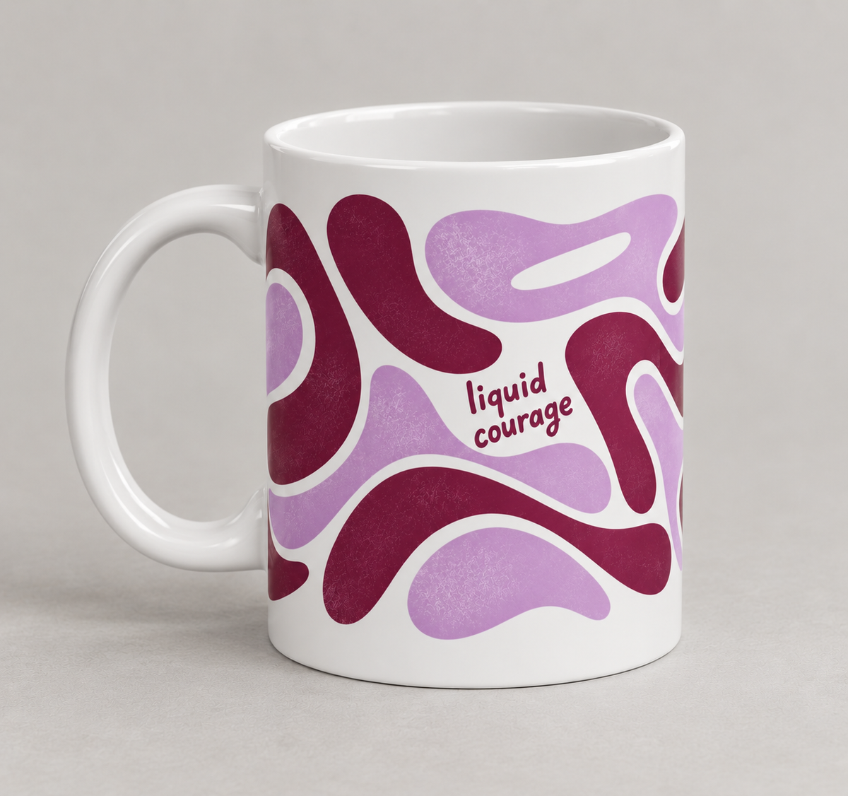 Liquid Courage mug – white 11oz ceramic coffee mug with plum and lavender retro swirls