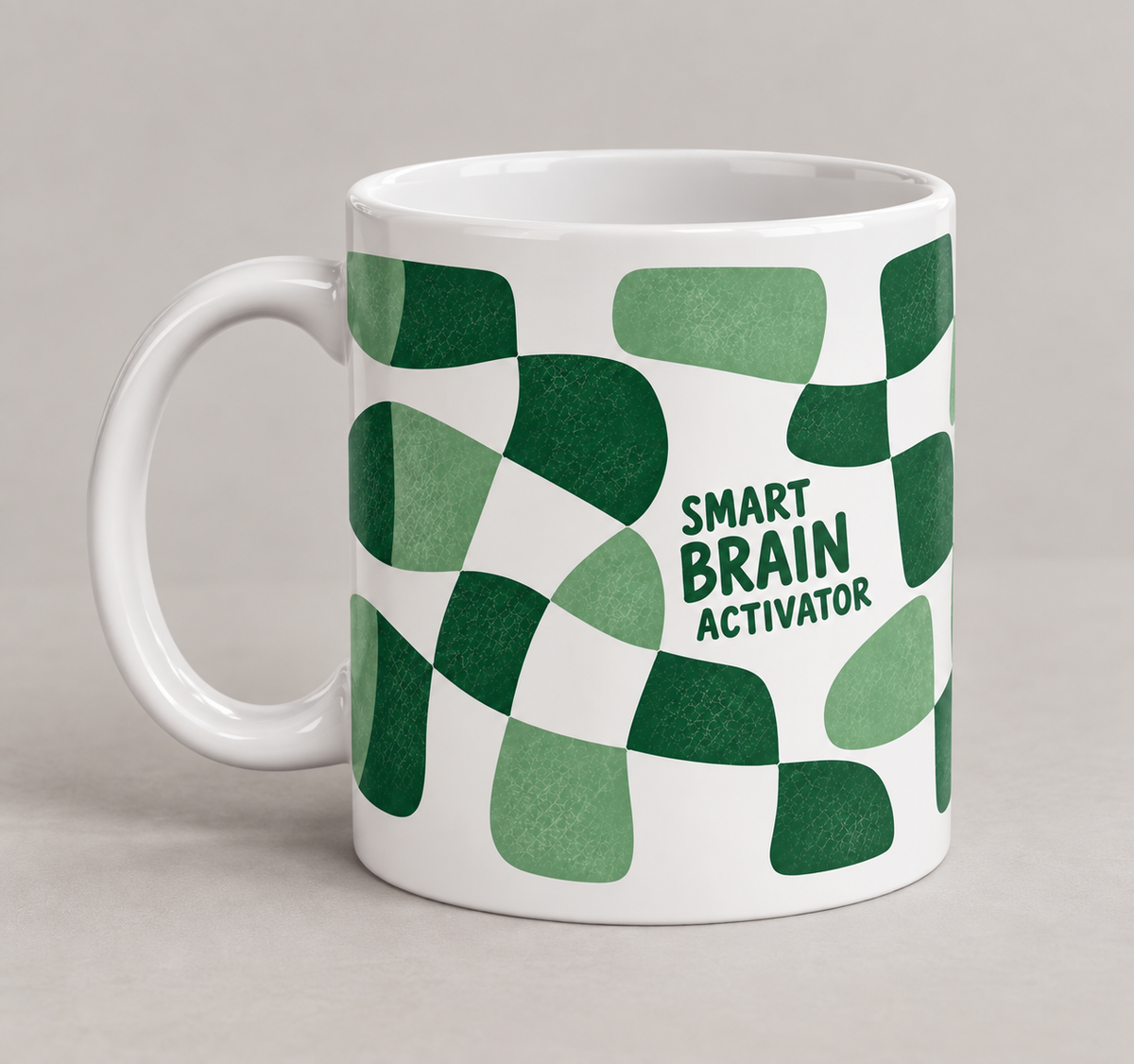 Smart Brain Activator mug – white 11oz ceramic coffee mug with wavy green checkered pattern