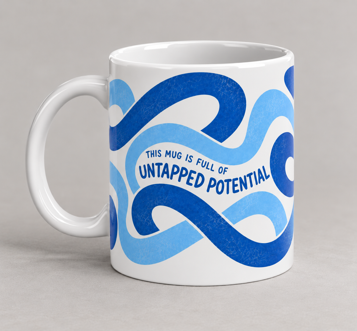 Full of Untapped Potential mug – white 11oz ceramic coffee mug with navy and sky blue waves