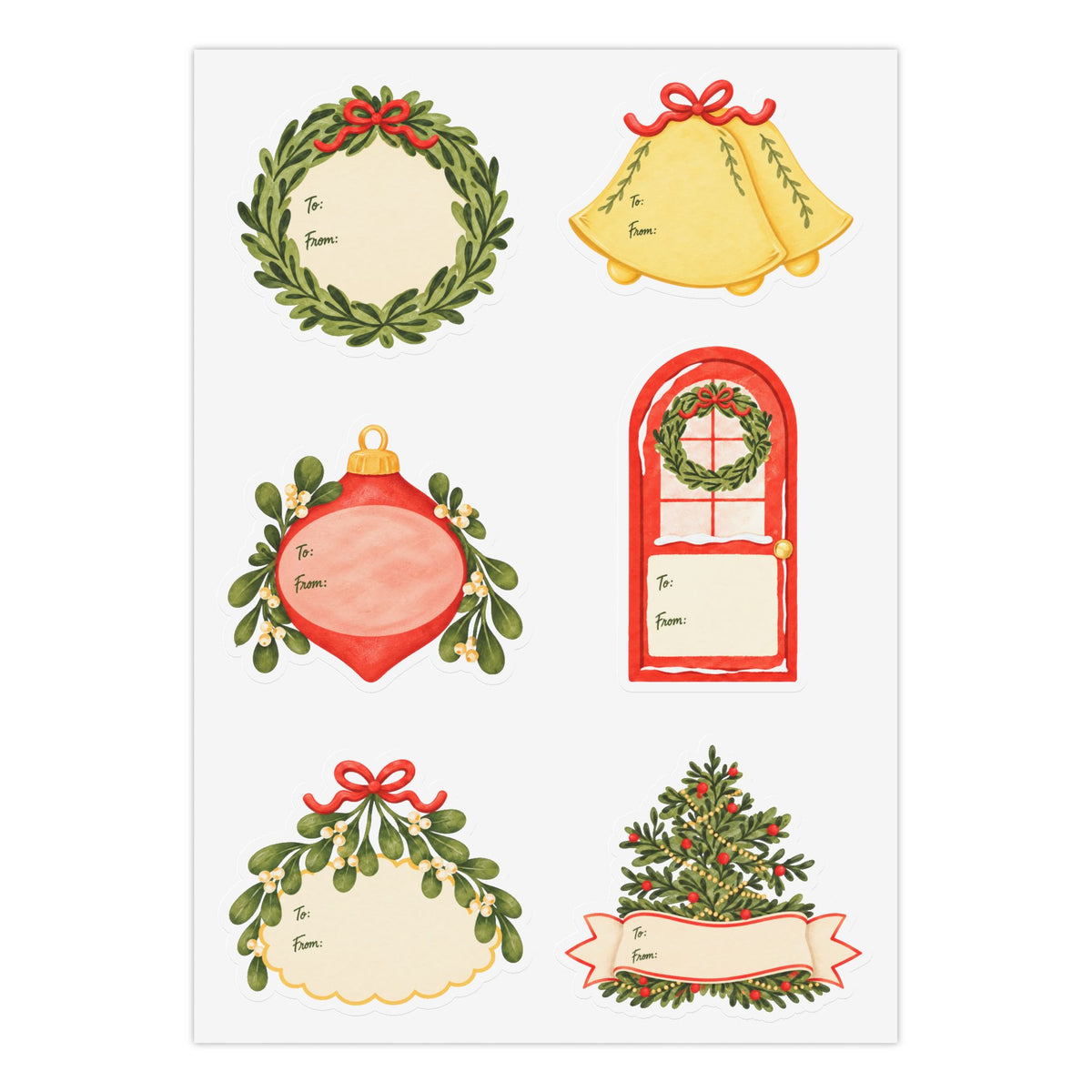 Vintage Christmas Gift Tag Sticker Sheet – 6 Large Kiss-Cut To/From Stickers (Wreath, Bells, Ornament, Door, Mistletoe, Tree)