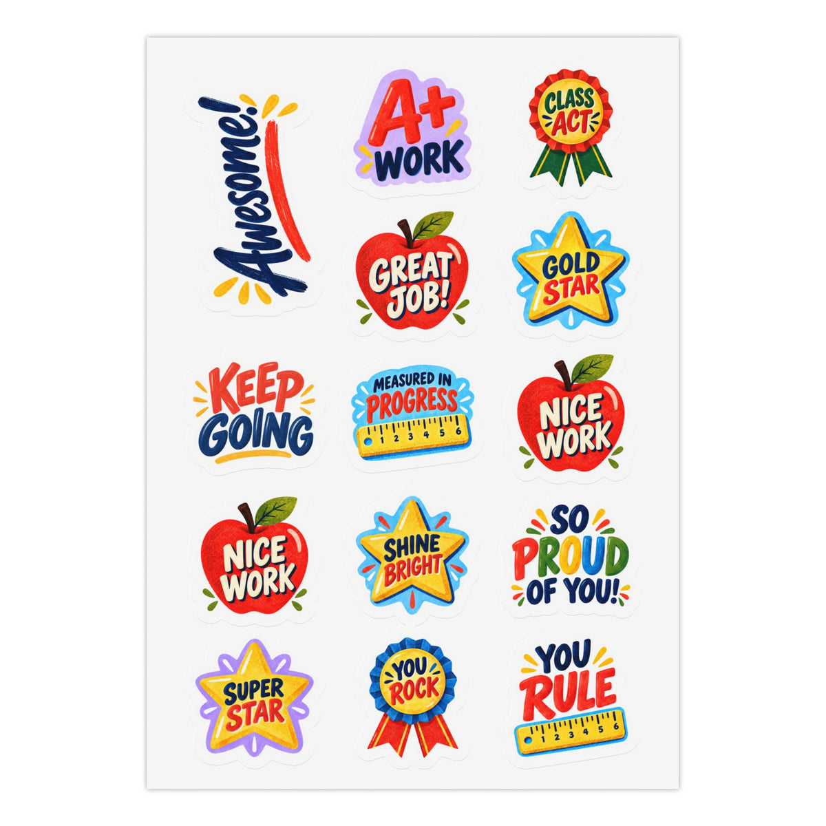 Teacher Reward Sticker Sheet – 14 Kiss-Cut Encouragement Stickers (Great Job, A+ Work, Gold Star, You Rock)
