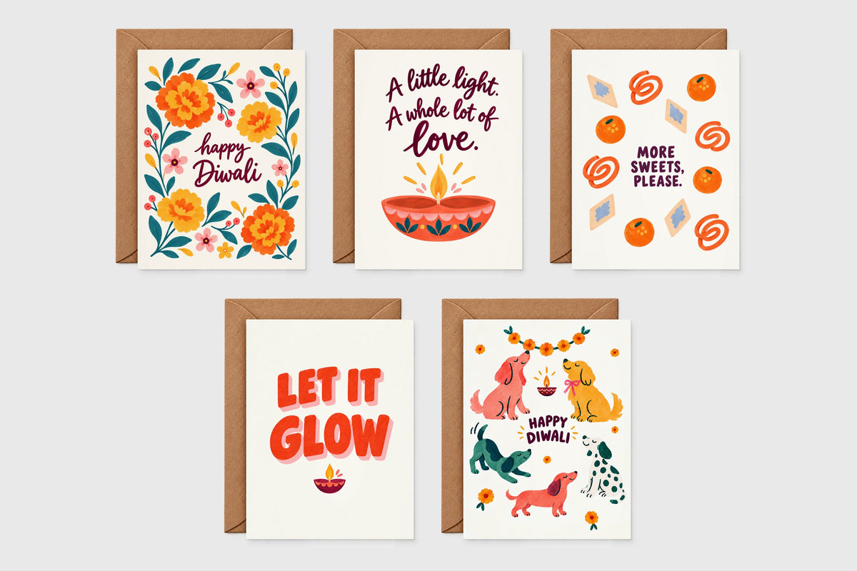 Diwali card set of 5: marigold Happy Diwali, A Little Light diya, More Sweets Please, Let It Glow and Diwali dogs cards with kraft envelopes