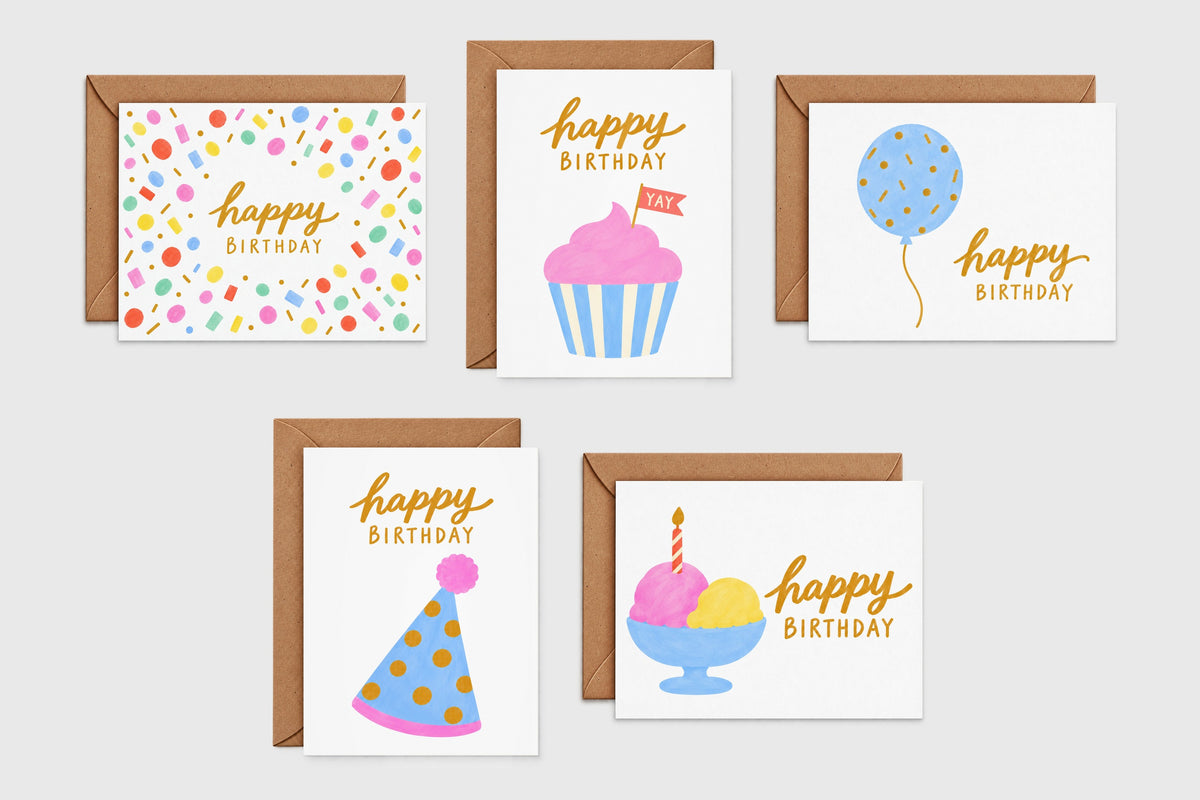 Confetti, cupcake, balloon, party hat and ice cream birthday cards