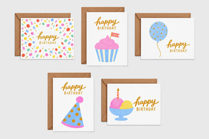 Confetti, cupcake, balloon, party hat and ice cream birthday cards