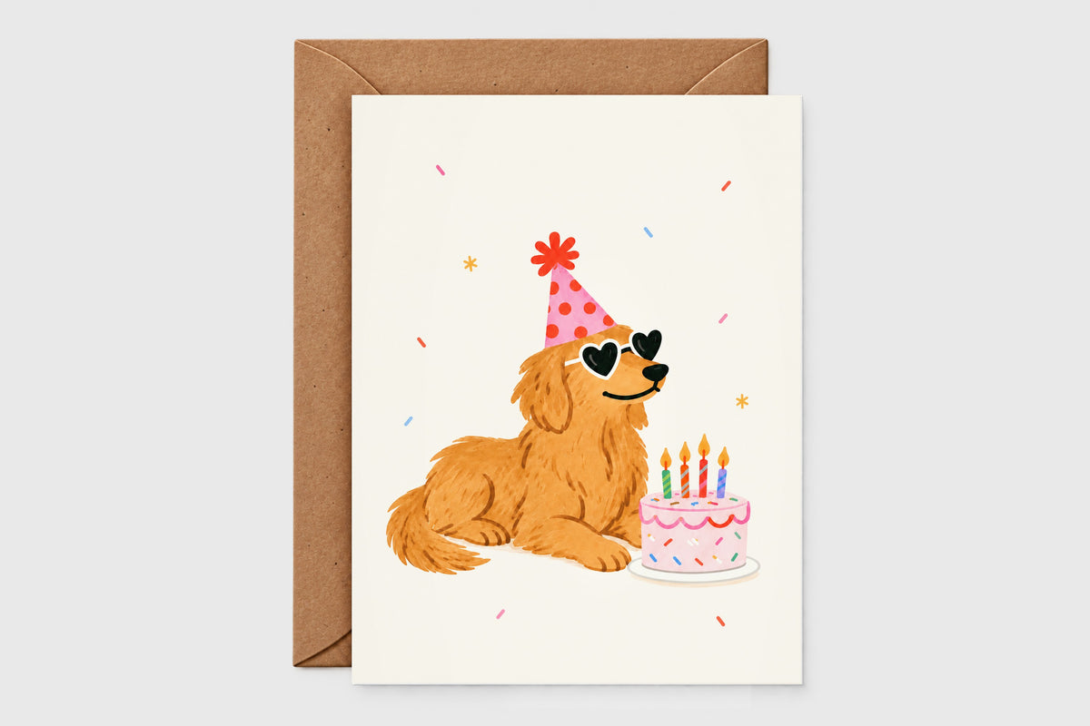 Golden retriever birthday card with cake – birthday pups set