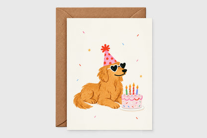 Golden retriever birthday card with cake – birthday pups set