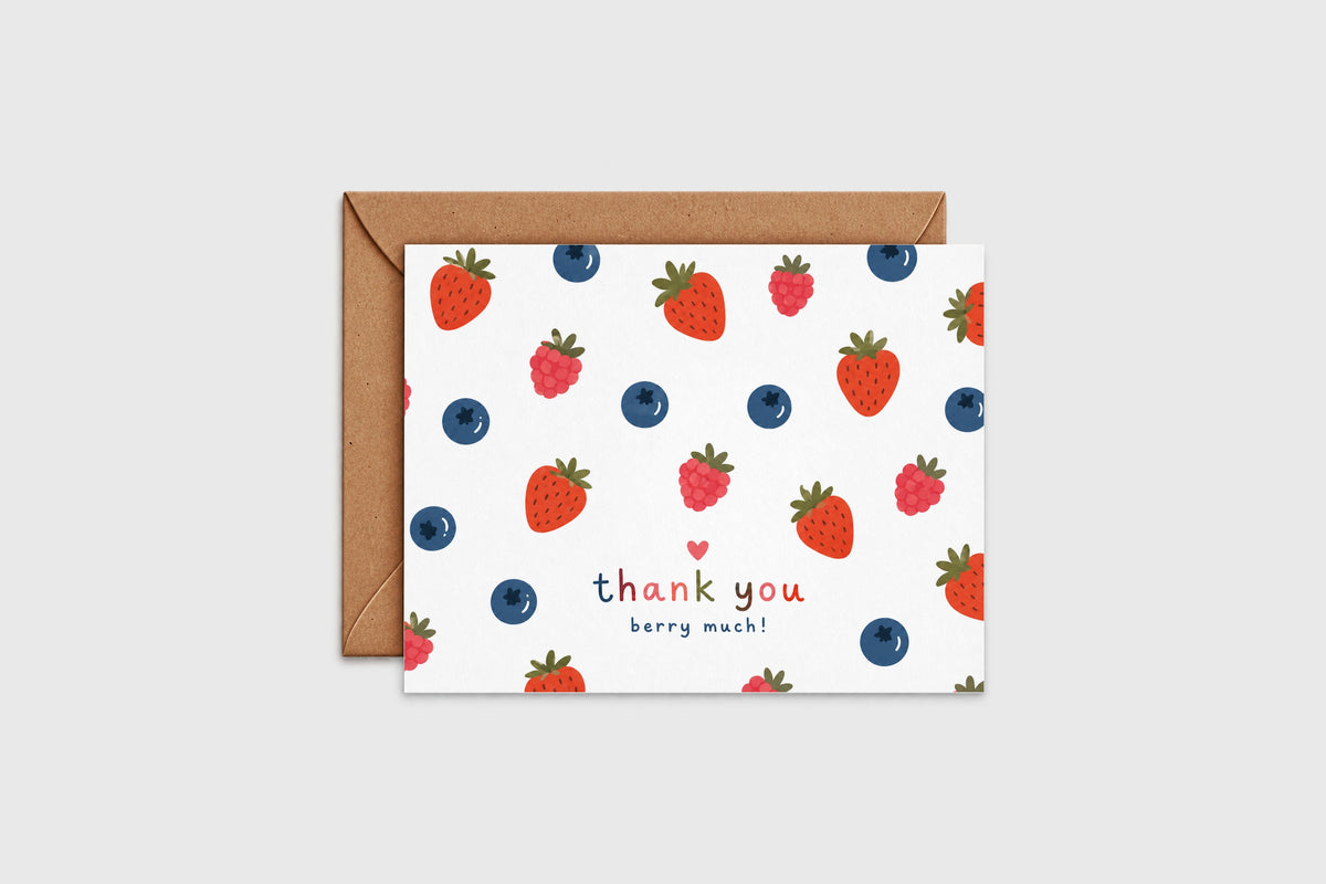 Thank you berry much card with colorful strawberry, blueberry, and raspberry pattern on white background