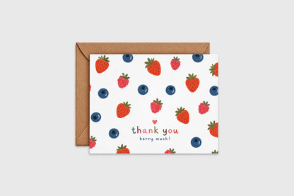 Thank you berry much card with colorful strawberry, blueberry, and raspberry pattern on white background