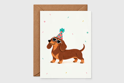Dachshund birthday card in party hat and heart sunglasses – birthday pups set