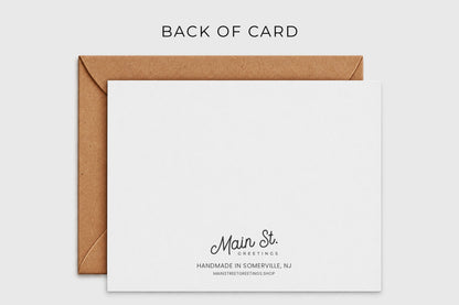 Back of card – Main St. Greetings logo, handmade in Somerville, NJ