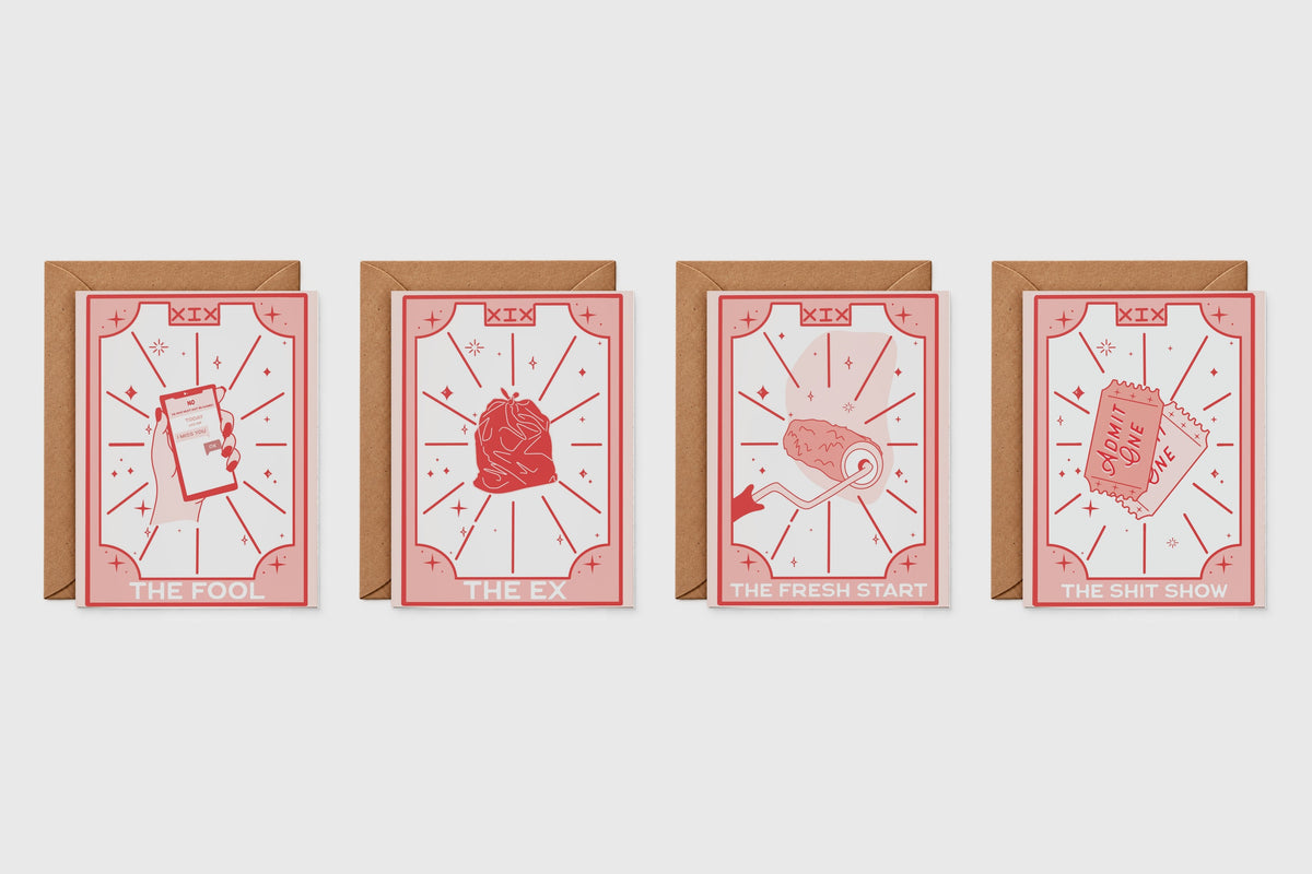 Breakup tarot card set of 4: The Fool, The Ex, The Fresh Start and Welcome to the Shit Show cards with kraft envelopes