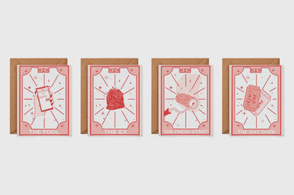 Breakup tarot card set of 4: The Fool, The Ex, The Fresh Start and Welcome to the Shit Show cards with kraft envelopes