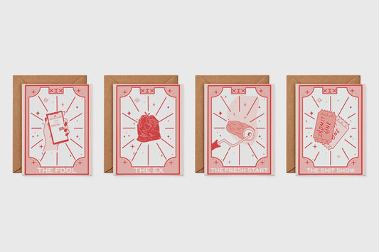 Breakup tarot card set of 4: The Fool, The Ex, The Fresh Start and Welcome to the Shit Show cards with kraft envelopes