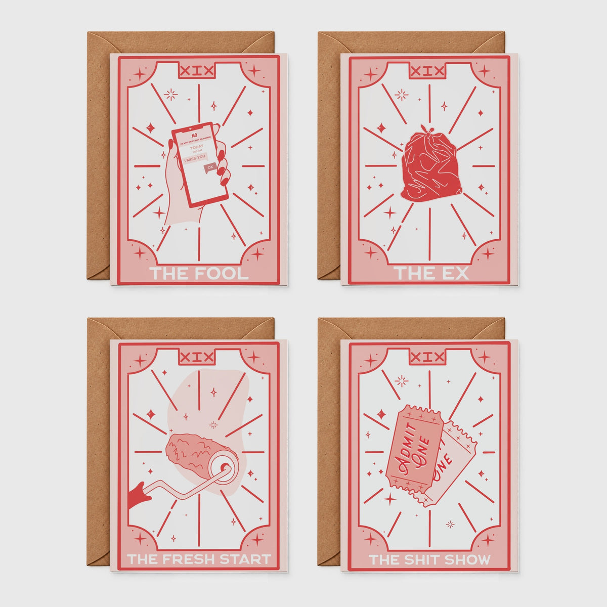 Breakup tarot greeting card set of 4 – all four designs