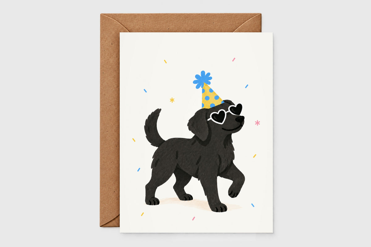 Black lab birthday card in party hat and heart sunglasses – birthday pups set