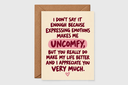 Uncomfy love card with maroon handwritten text about expressing emotions and pink heart on beige background