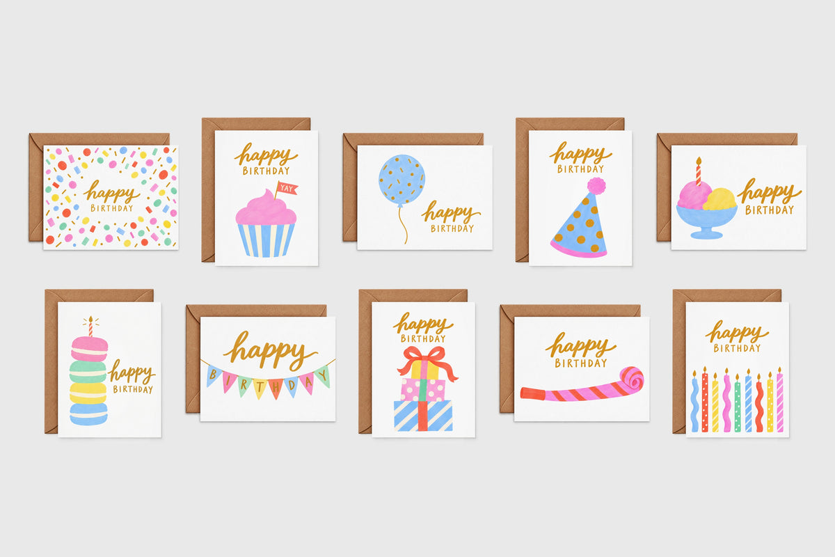 All 10 birthday card designs in two rows
