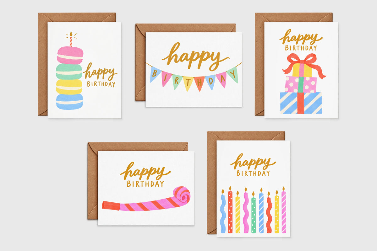 Macaron, banner, presents, party blower and candles birthday cards