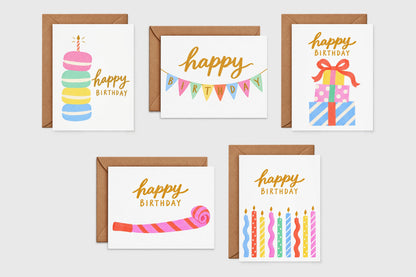 Macaron, banner, presents, party blower and candles birthday cards
