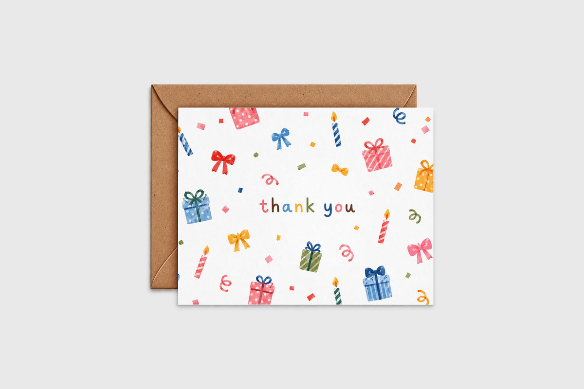 Thank you card with colorful watercolor gifts, candles and confetti on white background