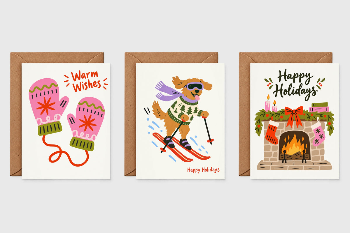 Cozy Christmas card set of 3: Warm Wishes mittens, skiing dog and fireplace Happy Holidays cards with kraft envelopes