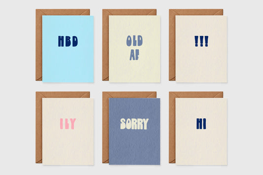 Minimalist card set of 6: HBD, Old AF, Congrats, ILY, Sorry and Hi cards with kraft envelopes
