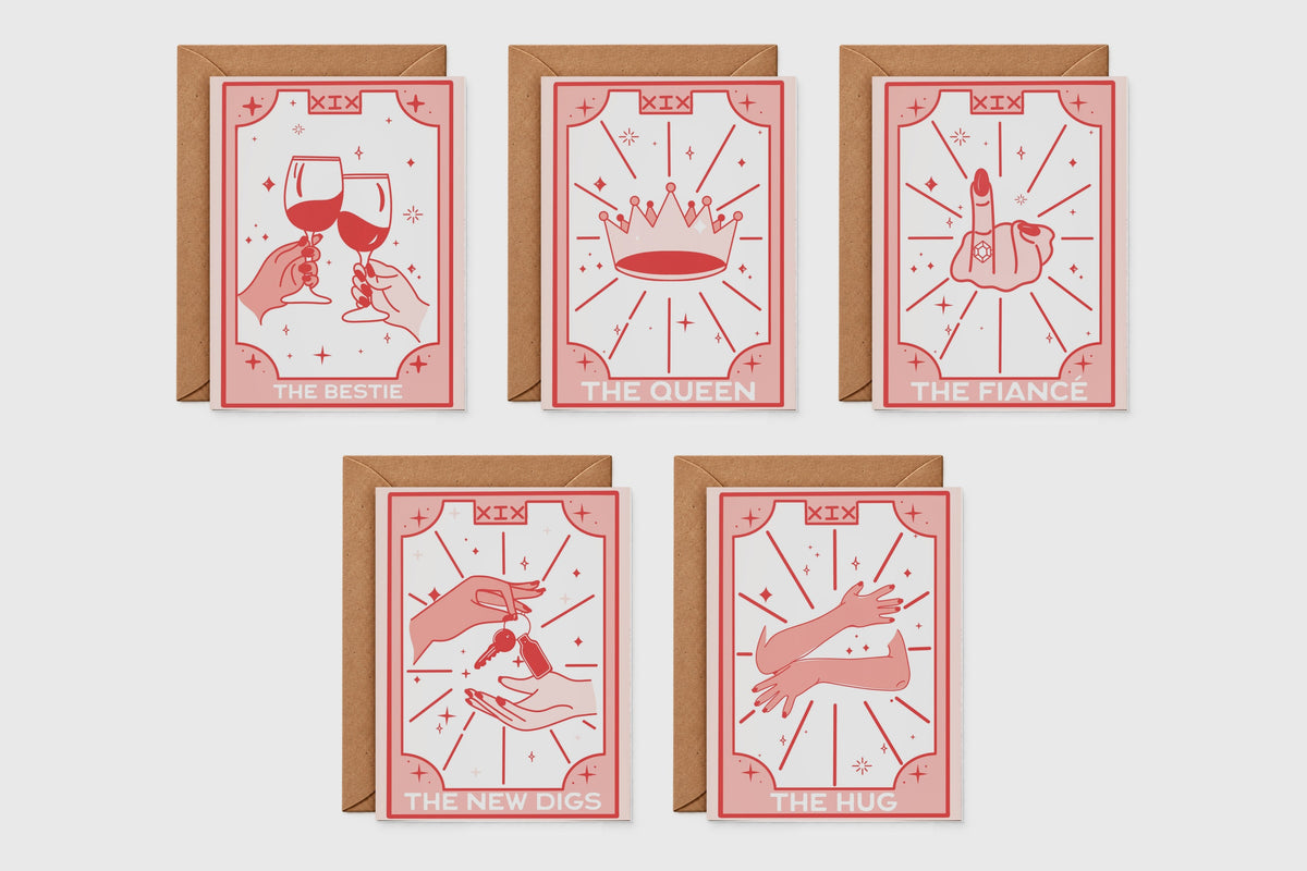 Tarot card set of 5: The Bestie, The Queen, The Fiancé, The New Digs and The Hug tarot greeting cards with kraft envelopes