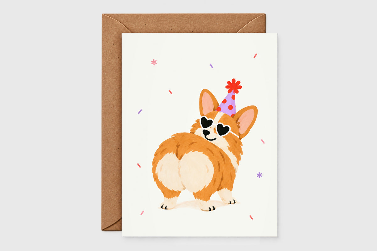 Corgi birthday card in party hat and heart sunglasses – birthday pups set