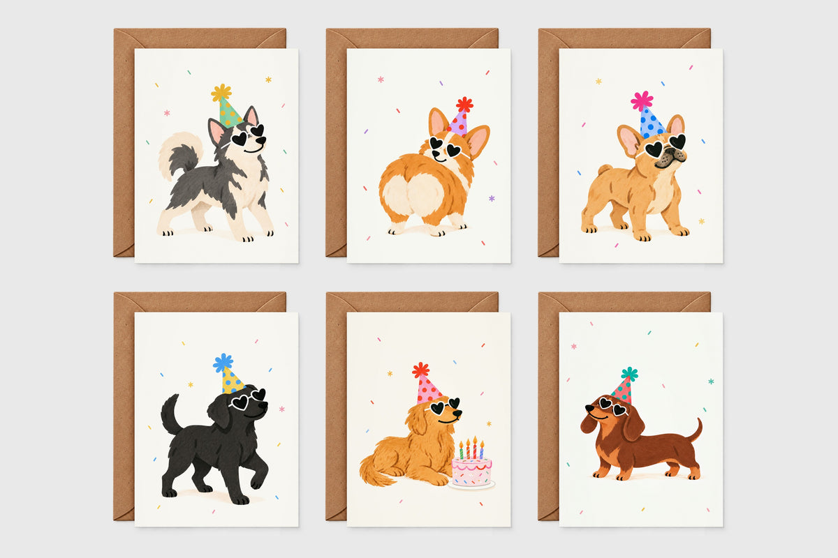 Birthday Pups card set of 6: husky, corgi, French bulldog, black lab, golden retriever and dachshund birthday cards with kraft envelopes