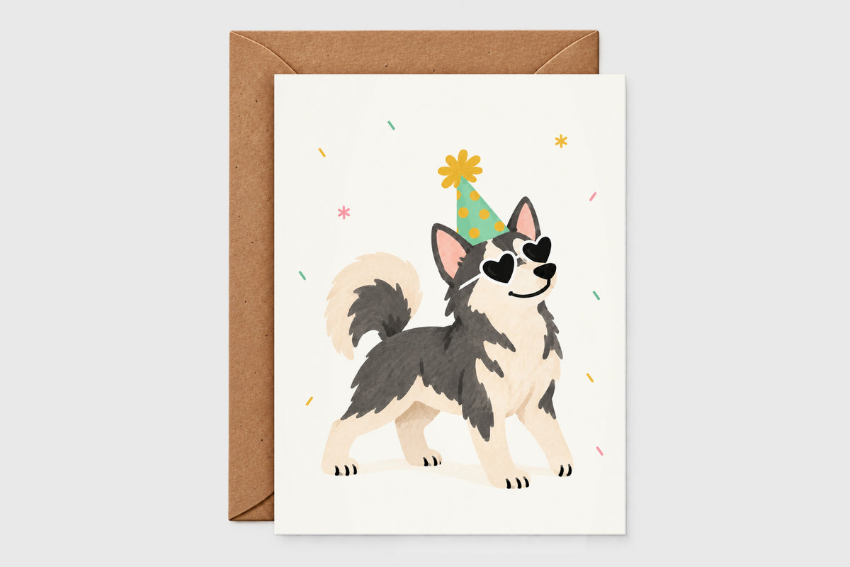 Husky birthday card with party hat and heart sunglasses on confetti background, beige and gray