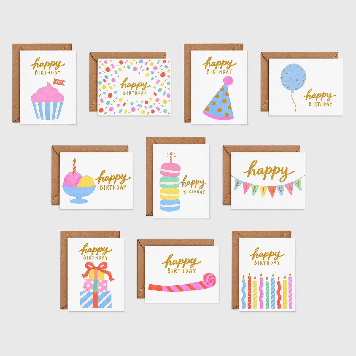 Happy Birthday card set of 10 assorted pastel birthday cards with kraft envelopes