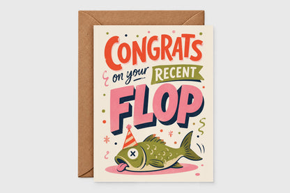 Congrats on Your Recent Flop card with a belly-up fish in a party hat, with kraft envelope