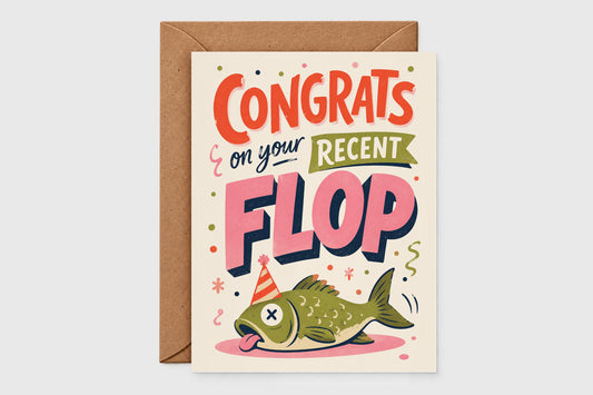 Congrats on Your Recent Flop card with a belly-up fish in a party hat, with kraft envelope
