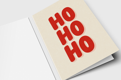 Ho Ho Ho Christmas card with stacked red retro bubble letters on a cream background
