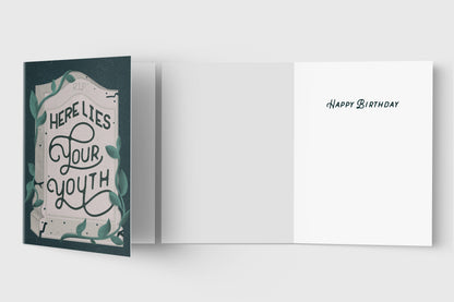 Here Lies Your Youth birthday card – detail view