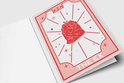 'The Ex' tarot-style breakup card in pink and red with a tied-up trash bag illustration