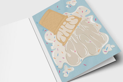 'This Sucks' sympathy card with a dropped ice cream cone melting into the words on light blue