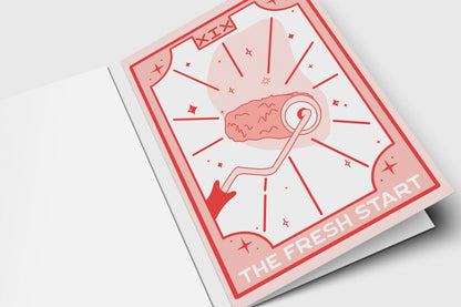 'The Fresh Start' tarot-style card in pink and red with a paint roller laying a fresh coat
