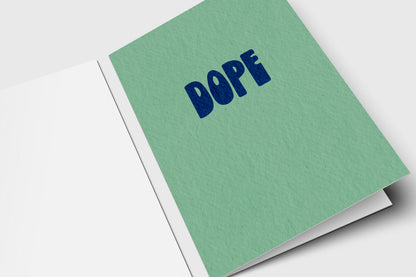Minimalist Dope card with bold navy retro letters on sage green
