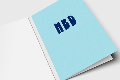 Minimalist HBD birthday card with bold navy retro letters on sky blue