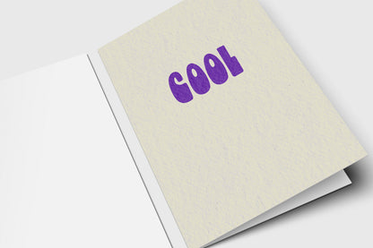 Minimalist Cool card with chunky purple retro letters on speckled cream
