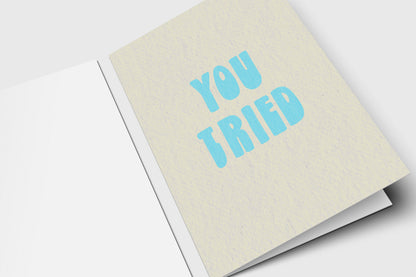 Minimalist You Tried encouragement card with sky blue retro letters on speckled cream