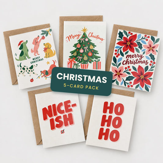 Christmas card set of 5: dogs, Christmas tree, poinsettia, Nice-ish and Ho Ho Ho cards with kraft envelopes