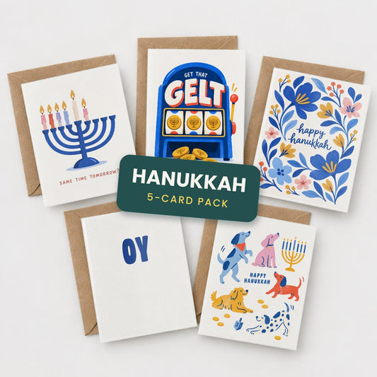 Hanukkah card set of 5: Same Time Tomorrow?, Get That Gelt, floral, OY and Hanukkah dogs cards